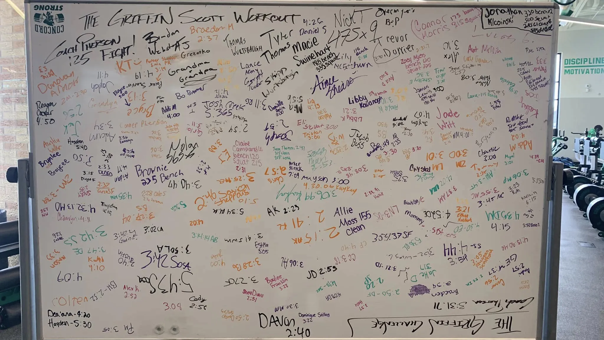 Student signatures and commitments covering a Griffin Challenge whiteboard from Coach Scott Pherson's weight room at Concord High School, Indiana